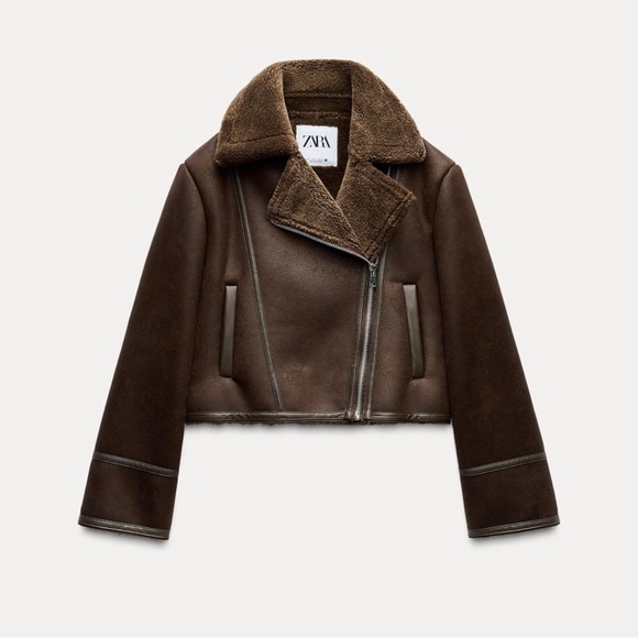 ZARA Shearling Cropped Biker Jacket - Picture 4 of 5